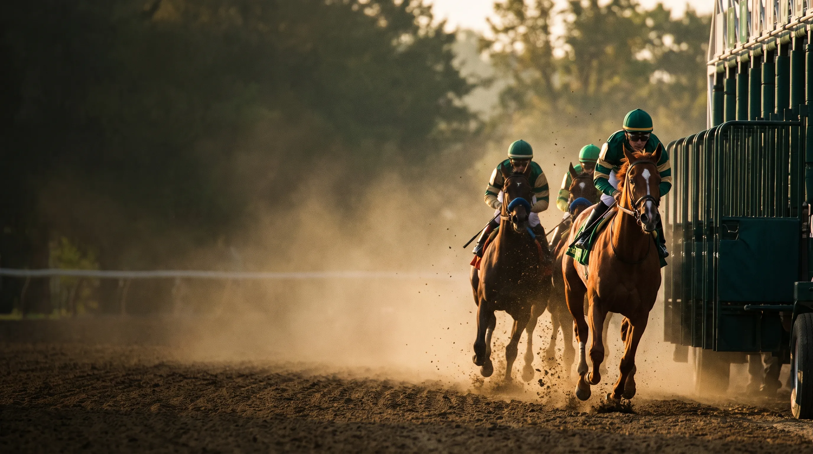 Thoroughbreds in green and gold silks breaking from a starting gate at dawn. Generated racing artwork.